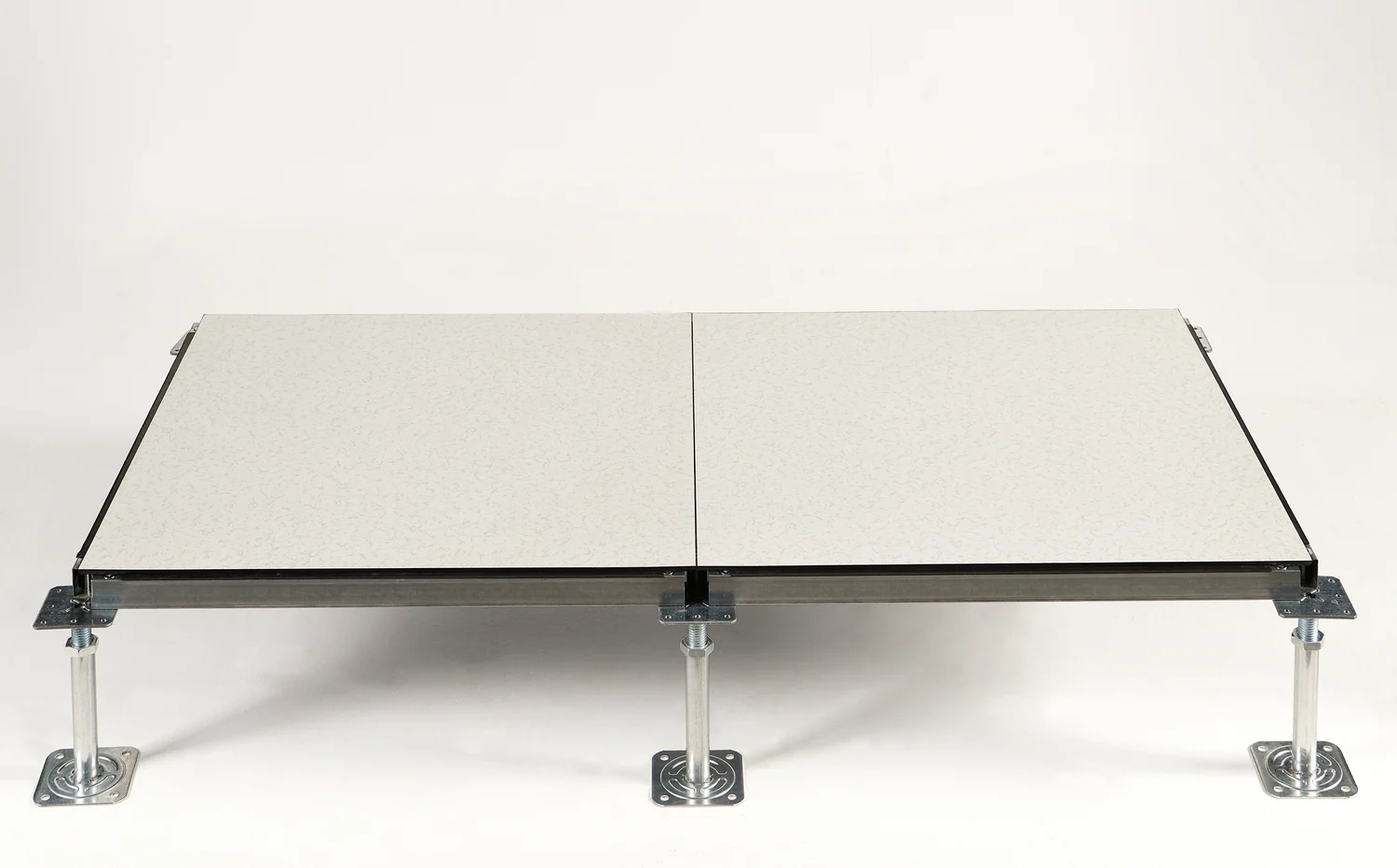 Actual Panelway HPL steel raised floor panels assembled on flat-head pedestals and stringers